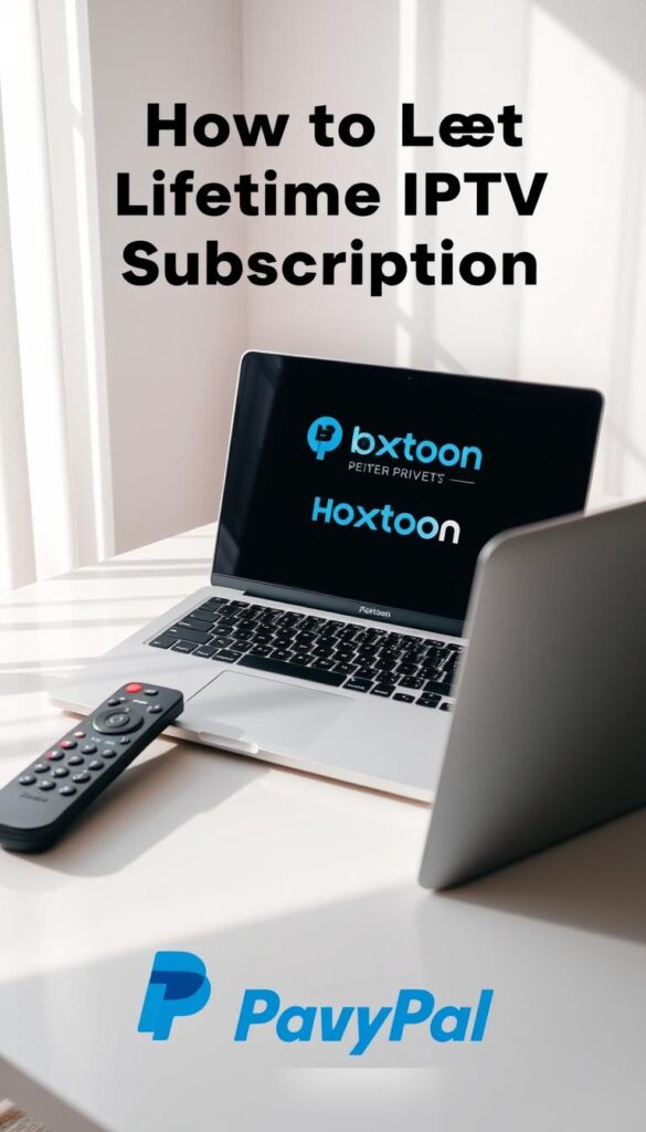 A modern, minimalist workspace with a laptop, remote control, and IPTV service setup visible. Soft, natural lighting illuminates the scene, creating a calm and professional atmosphere. The Hoxtoon Provider logo is prominently displayed on the laptop screen, indicating the IPTV service being used. The overall composition emphasizes the ease and convenience of setting up a lifetime IPTV subscription through PayPal, ready for the user to enjoy.