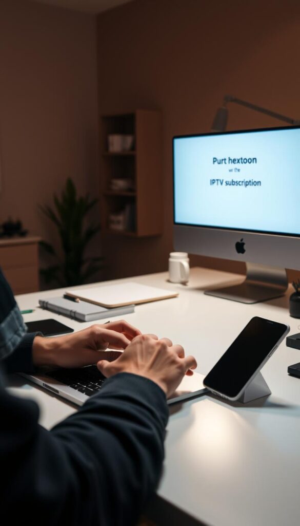 A modern, minimalist workspace with a laptop, smartphone, and various office supplies. In the foreground, a person's hands are typing on the laptop, showcasing the process of purchasing a Hoxtoon IPTV subscription online. The middle ground features a sleek, contemporary desk with a clean, uncluttered layout. The background is a warm, softly-lit interior, creating a cozy and professional atmosphere. The lighting is diffused and slightly dramatic, highlighting the technology and creating depth. The camera angle is slightly elevated, providing an overview of the scene and emphasizing the act of online purchase.