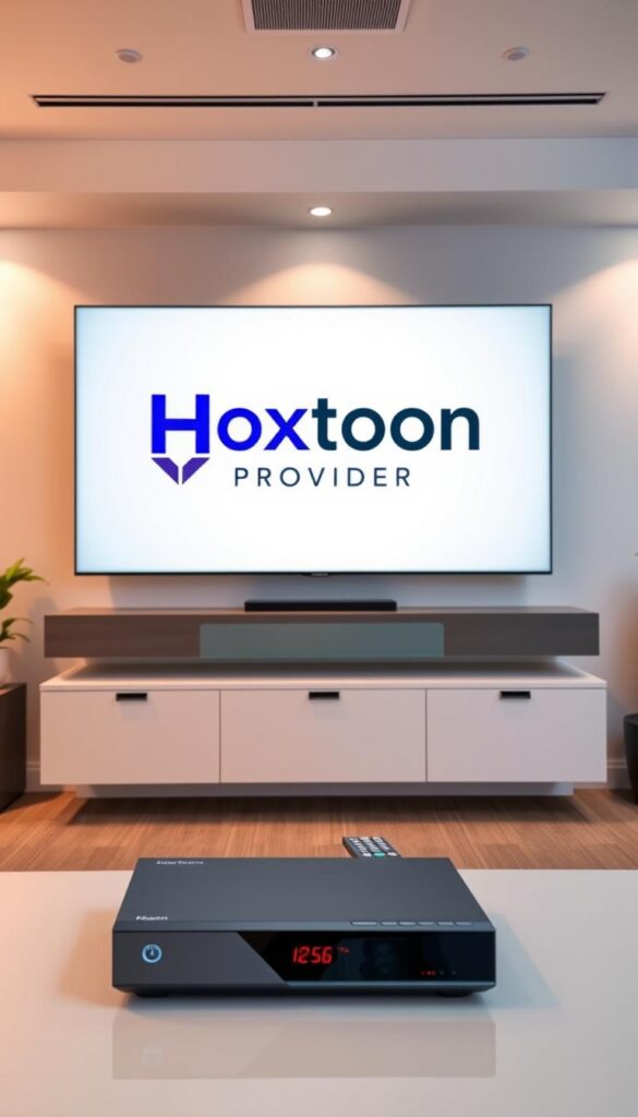 A modern office interior with a large, sleek display showcasing the Hoxtoon Provider brand and logo. The room is well-lit, with warm, directional lighting illuminating the space. The display is situated on a minimalist, floating shelf against a crisp, white wall. In the foreground, a high-end cable box and remote control are prominently featured, alluding to the IPTV service. The overall atmosphere conveys a sense of professionalism, technological innovation, and reliability associated with a leading IPTV provider.