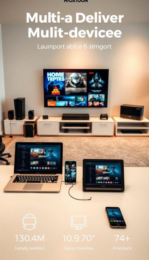 A modern office setting with various digital devices showcasing the Hoxtoon Provider multi-device support capabilities. In the foreground, a desk with a laptop, tablet, and smartphone seamlessly connected and sharing content. On the middle ground, a smart TV displays streaming media, while in the background, a home theater system and gaming console demonstrate the breadth of compatible devices. Soft, warm lighting illuminates the scene, creating a professional and inviting atmosphere. The image conveys the ease and versatility of the Hoxtoon Provider platform, catering to a wide range of user needs and devices.