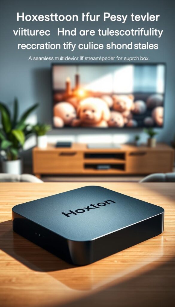 A modern, sleek Android TV box with the Hoxtoon Provider IPTV lifetime subscription logo prominently displayed on the front panel. The device is placed on a minimalist, wooden table, casting subtle shadows. Soft, directional lighting illuminates the box, highlighting its clean lines and premium materials. In the background, a blurred, cozy living room setting with a large, wall-mounted TV and potted plants creates a comfortable, homely atmosphere. The overall scene conveys the idea of a seamless, multi-device streaming experience for the entire household.