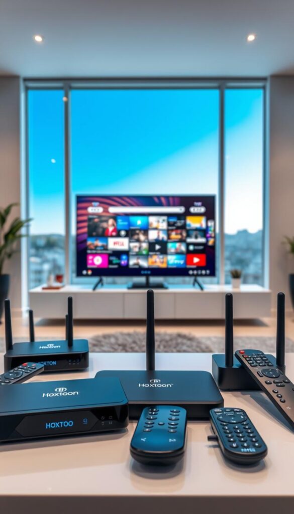 A modern, sleek IPTV setup with the Hoxtoon Provider brand prominently displayed. The foreground features various streaming devices, remote controls, and a state-of-the-art router. The middle ground showcases a large, high-definition television displaying vibrant, cutting-edge IPTV content. The background depicts a minimalist, well-lit interior design with large windows, conveying a sense of technological sophistication and the future of home entertainment. The overall scene exudes a vibe of progress, innovation, and the seamless integration of IPTV technology into the contemporary living space.