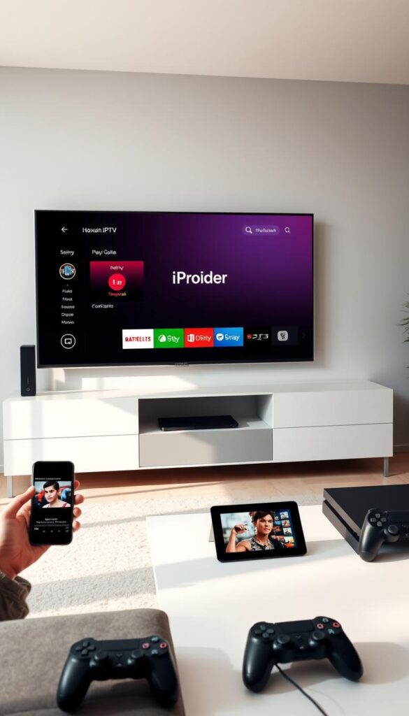 A modern, sleek living room setting with a large, high-definition television display prominently showcasing the Hoxtoon Provider IPTV service interface. The display is flanked by various compatible devices such as a smartphone, tablet, and gaming console, highlighting the multi-device compatibility. Soft, diffused lighting creates a warm, inviting atmosphere, and the room is decorated with minimalist, contemporary furnishings. The overall composition conveys the ease and versatility of accessing Hoxtoon Provider IPTV content across multiple devices.