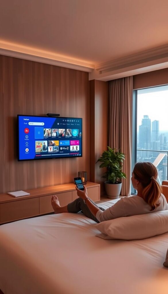 A modern, well-appointed hotel room with a large wall-mounted flat-screen TV displaying the sleek, minimalist user interface of the Hoxtoon IPTV service. The room is bathed in warm, soft lighting, creating a cozy and inviting atmosphere. In the foreground, a hotel guest relaxes on the plush bed, remote in hand, browsing the extensive Hoxtoon content library. The middle ground features hotel amenities like a bedside table, lamp, and a potted plant, while the background showcases the room's stylish decor and large windows overlooking a vibrant city skyline. The overall scene conveys the convenience, entertainment, and elevated guest experience that Hoxtoon IPTV service can bring to a modern hotel.