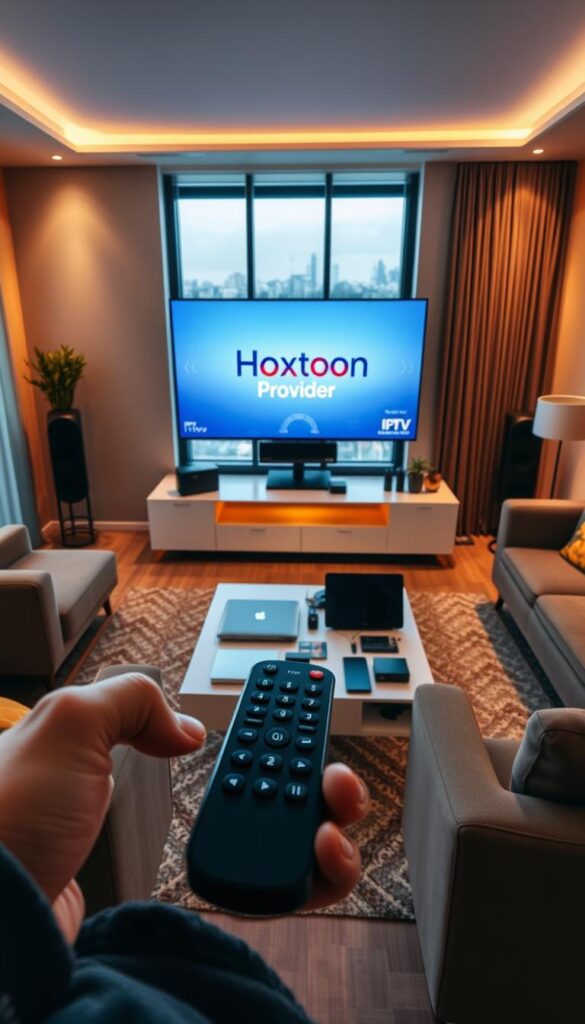 A modern, well-equipped living room with sleek, minimalist furniture. On the TV screen, the Hoxtoon Provider logo is prominently displayed, indicating an IPTV service. The room is bathed in warm, diffused lighting, creating a cozy and inviting atmosphere. In the foreground, a hand holds a remote control, symbolizing the user's interaction with the IPTV system. The middle ground features a coffee table with a laptop and various electronic devices, hinting at the technological aspects of IPTV. The background showcases a large window overlooking a cityscape, representing the urban setting in Germany where IPTV is becoming increasingly popular.