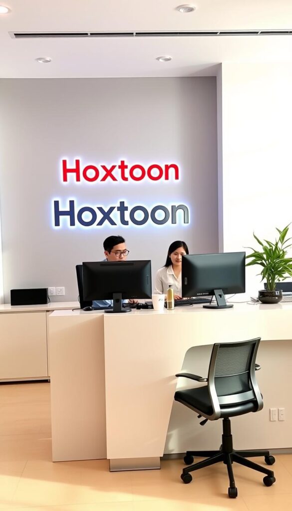 A modern, well-equipped office space with a prominent display of the "Hoxtoon Provider" brand. The scene features a customer service representative providing attentive assistance to a client, showcasing the company's commitment to reliable and responsive support. Soft, natural lighting illuminates the desk, which is adorned with sleek, high-tech equipment. The background features a minimalist, yet sophisticated design, with clean lines and a neutral color palette, conveying a sense of professionalism and trustworthiness. The overall atmosphere exudes a confident, customer-centric vibe, reflecting Hoxtoon Provider's reputation for dependable IPTV services.