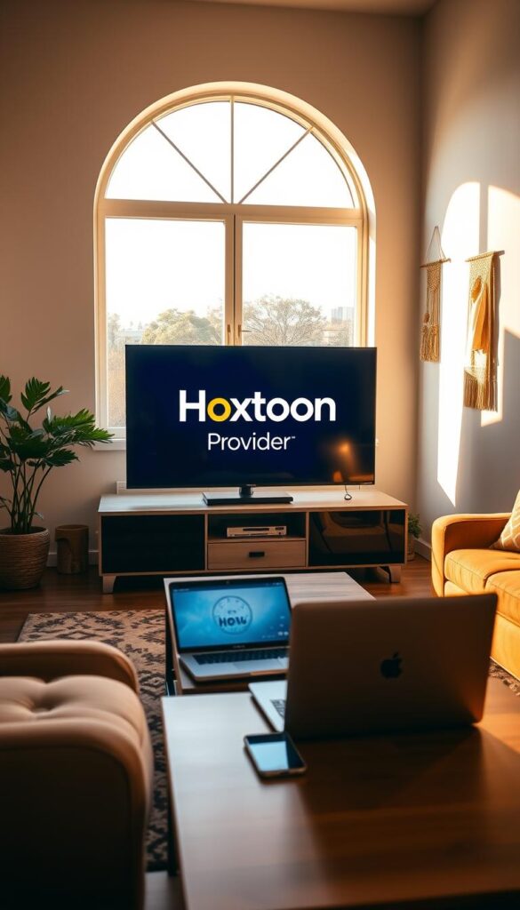 A modern, well-furnished living room with a large flat-screen TV displaying the Hoxtoon Provider logo. The room is bathed in warm, natural lighting from a large window, casting a cozy glow. On the coffee table, a laptop and a smartphone are visible, suggesting a user's interaction with the IPTV service. The room's decor features subtle Spanish influences, such as terracotta tiles or a decorative wall hanging. The overall atmosphere conveys a sense of comfort and satisfaction, reflecting a positive user experience with Hoxtoon's Spanish content.