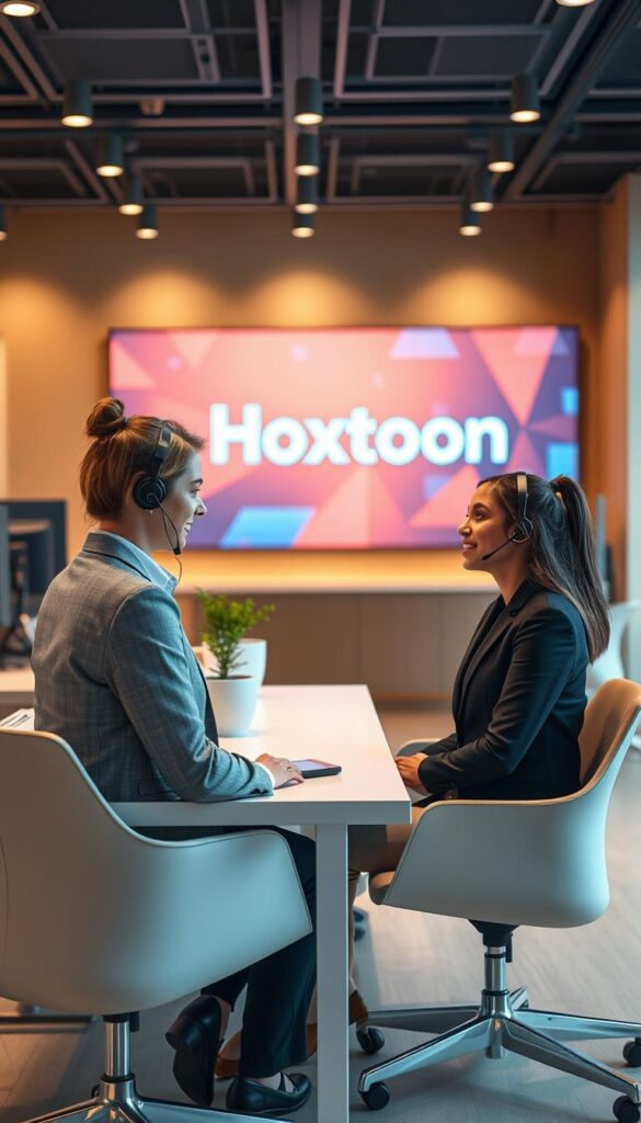 A modern, well-lit customer service office with sleek, minimalist furniture and equipment. In the foreground, a Hoxtoon Provider customer service representative, dressed in a crisp, professional outfit, is assisting a customer seated across from them, their expressions conveying a friendly, helpful demeanor. The background features a large, vibrant wall display showcasing the Hoxtoon Provider brand, conveying a sense of professionalism and reliability. The lighting is warm and inviting, creating a welcoming atmosphere, and the composition emphasizes the positive customer-service interaction.