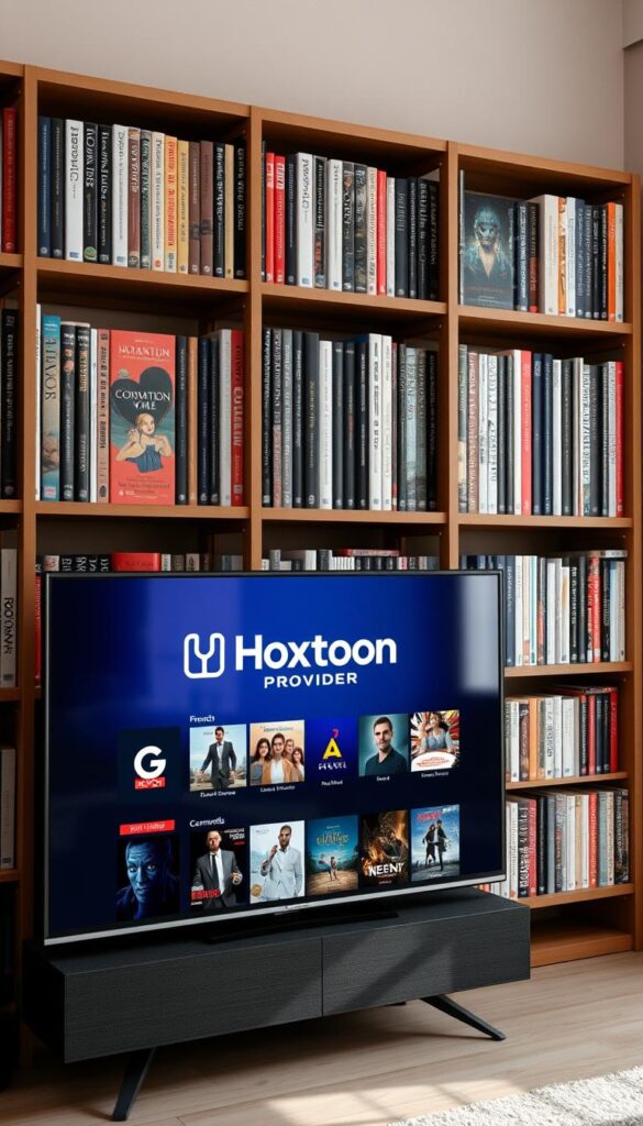 A neatly arranged bookshelf filled with diverse French IPTV content, showcasing a wide range of genres and categories. In the foreground, a sleek, modern television set displays the Hoxtoon Provider logo, its interface showcasing a curated selection of French movies, TV shows, and live channels. The middle ground features stylized thumbnails and cover art, each one a tantalizing glimpse into the rich tapestry of French entertainment available through the Hoxtoon platform. The background is softly lit, creating a warm and inviting atmosphere, with subtle film grain and a hint of lens flare to evoke a cinematic quality. The overall composition conveys a sense of quality, curation, and the breadth of French IPTV content accessible through the Hoxtoon Provider.