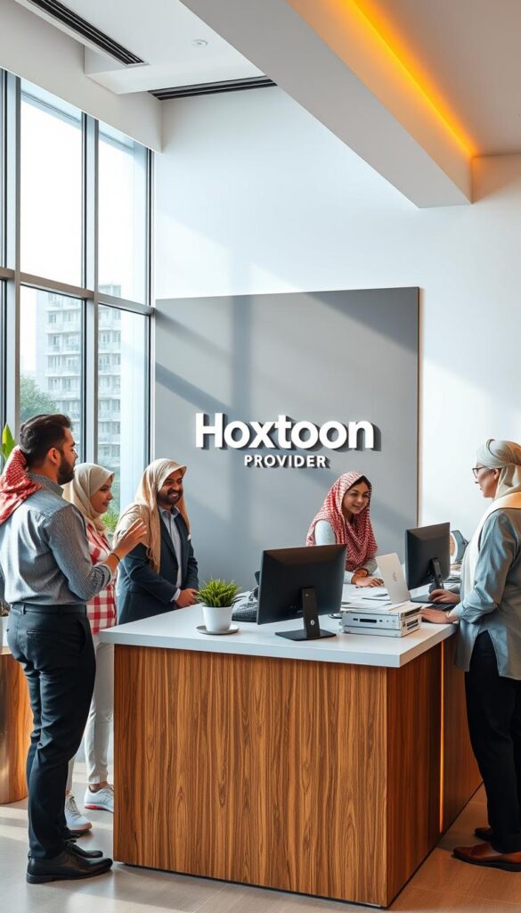 A neatly arranged customer service desk in a modern European office, staffed by a diverse team of Arabic-speaking representatives. The Hoxtoon Provider logo prominently displayed on the wall behind them. Warm, natural lighting filters through large windows, creating a welcoming atmosphere. The representatives, dressed in professional attire, are engaged in friendly conversations with customers, providing assistance with the IPTV service. The office space is clean, organized, and reflects a commitment to efficient and reliable customer support. The scene conveys a sense of competence, cultural sensitivity, and a customer-centric approach.