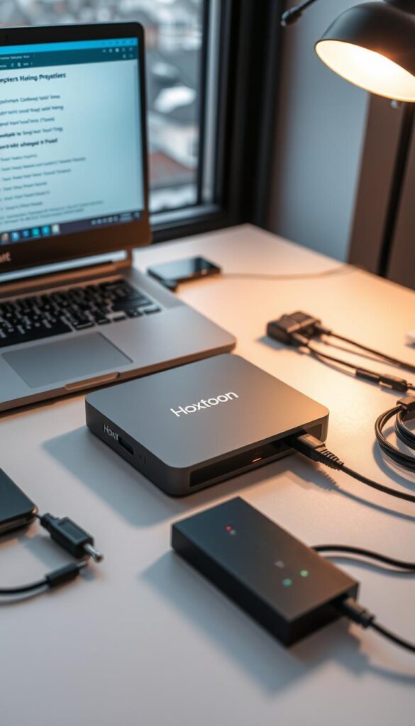 A neatly arranged desk with a sleek Hoxtoon Provider IPTV box, a laptop, and various cables and tools. The box has a minimalist design in muted gray tones, with the Hoxtoon logo subtly visible. The laptop screen displays troubleshooting steps, while the desk surface is illuminated by a warm, focused light, creating a professional, problem-solving atmosphere. In the background, a slightly blurred cityscape of German architecture can be seen through a window, hinting at the geographic context.