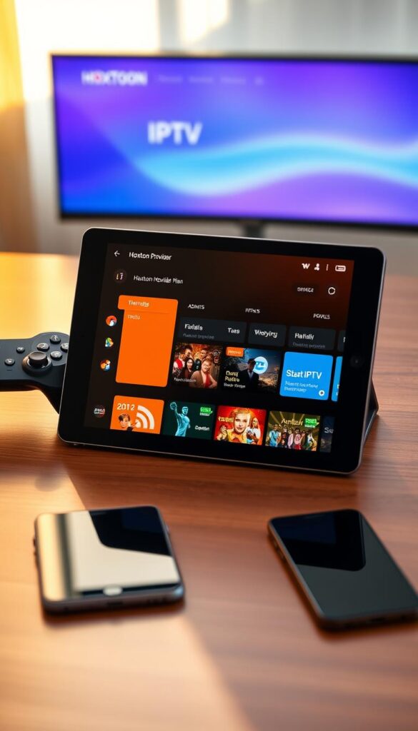 A neatly arranged desktop showcasing an Android tablet displaying the Hoxtoon Provider IPTV app interface. The tablet is situated on a minimalist wooden table, accompanied by a wireless controller and a sleek, modern smartphone. The scene is bathed in warm, natural lighting, creating a cozy and inviting atmosphere. The IPTV app interface prominently features a selection of affordable subscription plans, highlighting the value and accessibility of the Hoxtoon Provider service for budget-conscious Android users.