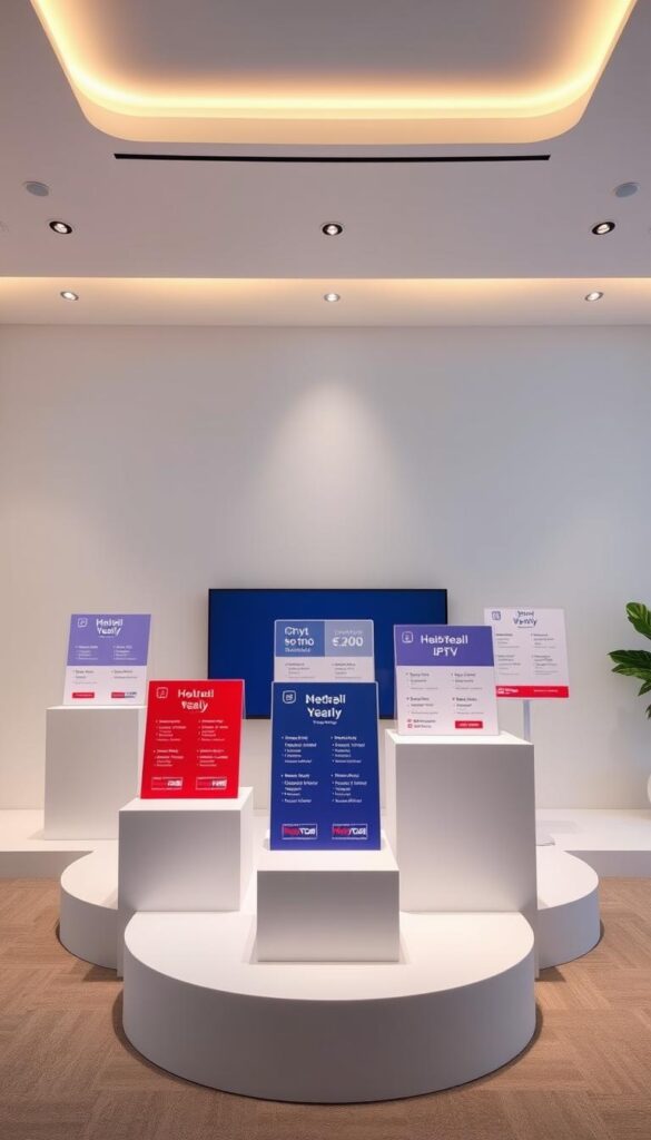 A neatly arranged display of IPTV yearly subscription plans by Hoxtoon Provider, showcasing a variety of options and cost-saving opportunities. The scene features a sleek, modern design with clean lines and minimalist aesthetic. In the foreground, several plan packages are showcased on elegant podiums, each with a clear breakdown of features and pricing. The middle ground depicts a well-lit, airy environment with a subtle gradient background, creating a sense of depth and focus on the central offerings. Subtle lighting from above casts a warm, inviting glow, conveying a sense of professionalism and reliability. The overall composition promotes a visually appealing and informative representation of the Hoxtoon Provider's IPTV yearly subscription plans.