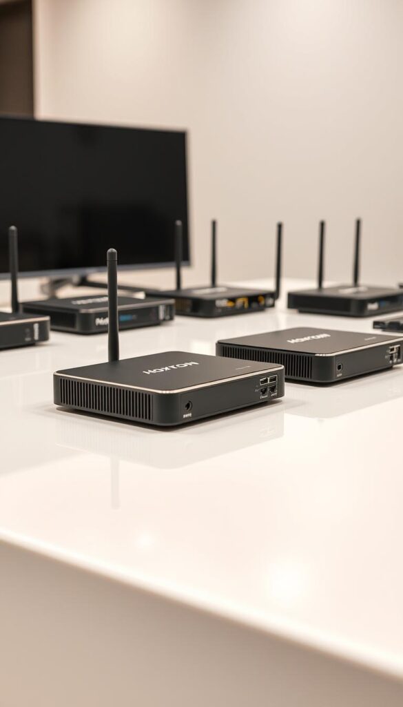 A neatly arranged display of budget-friendly IPTV streaming devices, including the Hoxtoon Provider model, showcased on a clean, well-lit studio table. The devices are photographed at an eye-level angle, capturing their sleek, compact designs and diverse connectivity options. The scene conveys a sense of practicality and accessibility, suitable for a user-friendly IPTV setup. Subtle reflections on the table's surface add depth and sophistication to the overall composition.