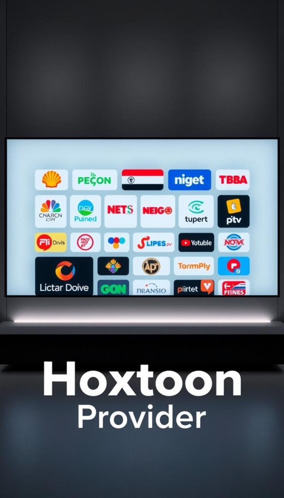 A neatly arranged display of various Dutch IPTV channel logos, showcased against a sleek, minimalist background. The channels are presented in a grid layout, each logo distinct and vibrant, conveying the diverse range of entertainment options available. In the foreground, the prominent "Hoxtoon Provider" brand name stands out, emphasizing the reliability and quality of this IPTV service. The scene is illuminated by soft, directional lighting, creating a sense of professionalism and sophistication. The overall composition is clean, well-balanced, and designed to highlight the key aspects of the Dutch IPTV landscape.