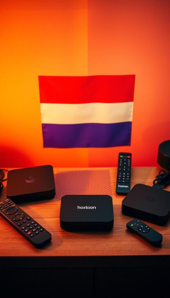 A neatly arranged flat lay showcasing various streaming devices and remote controls, including a Hoxtoon Provider device, against a backdrop of stylized Dutch flag colors. The scene is bathed in warm, diffused lighting, creating a cozy, inviting atmosphere. In the foreground, sleek, minimalist devices sit atop a wooden surface, surrounded by familiar icons and symbols associated with popular Dutch IPTV channels. The middle ground features a subtle pattern or texture that nods to the Netherlands' design aesthetic. The background subtly blends shades of orange, red, and blue, evoking the Dutch national colors and creating a visually striking, yet sophisticated composition.