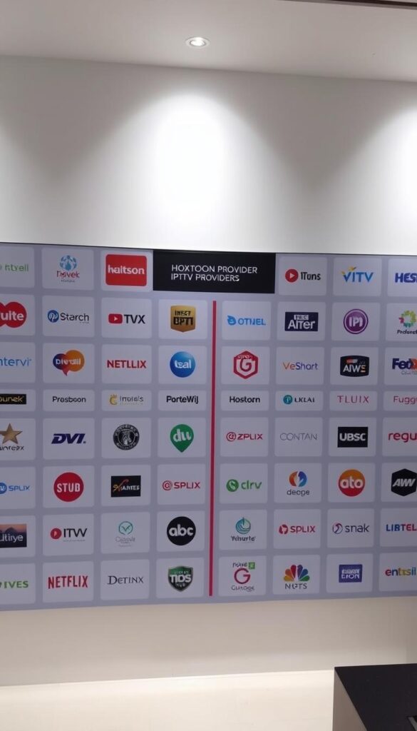 A neatly arranged grid of channel logos, showcasing a side-by-side comparison of IPTV providers, including the Hoxtoon Provider brand. The layout is clean and visually appealing, with each logo prominently displayed against a subtle, minimalist background, allowing the viewer to easily discern the differences between the offerings. The lighting is soft and even, creating a professional, informative atmosphere. The camera angle is slightly elevated, providing a comprehensive overview of the lineup. The overall mood is one of clarity and objectivity, inviting the viewer to make an informed decision.