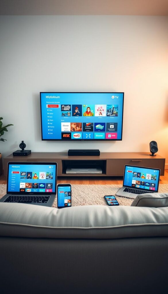 A neatly arranged setup showcasing various devices displaying the Hoxtoon Provider IPTV interface. A sleek, modern living room scene with a large flat-screen TV taking center stage, surrounded by a laptop, tablet, and smartphone, all seamlessly integrated. Soft, warm lighting accentuates the clean, minimalist aesthetic, creating a cozy and inviting atmosphere. The devices demonstrate the versatility and accessibility of the Hoxtoon Provider IPTV service, allowing users to enjoy their favorite content on multiple platforms. The overall composition emphasizes the ease of setup and the seamless integration of IPTV technology into everyday life.