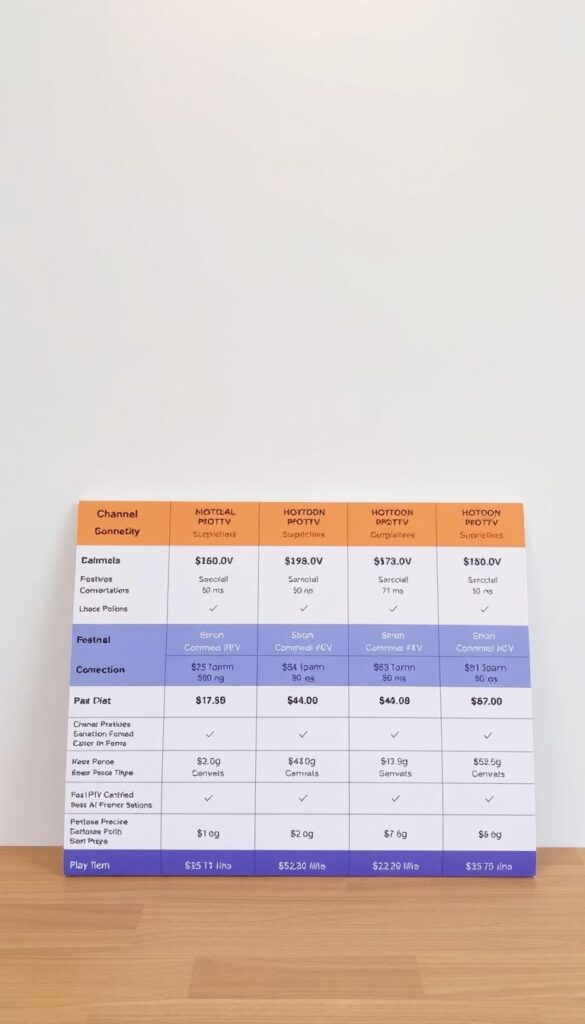 A neatly arranged table showcasing the Hoxtoon Provider IPTV subscription plans, set against a clean, minimalistic background. The table prominently displays the various plan options, including their channel counts, simultaneous connections, and pricing details. The layout is visually appealing, with clear delineation between the plan tiers and an emphasis on the key features. The lighting is soft and evenly distributed, creating a professional and informative atmosphere. The camera angle is slightly elevated, providing a comprehensive view of the table and its contents. The overall composition draws the viewer's attention to the essential information, facilitating a direct comparison of the IPTV subscription options.