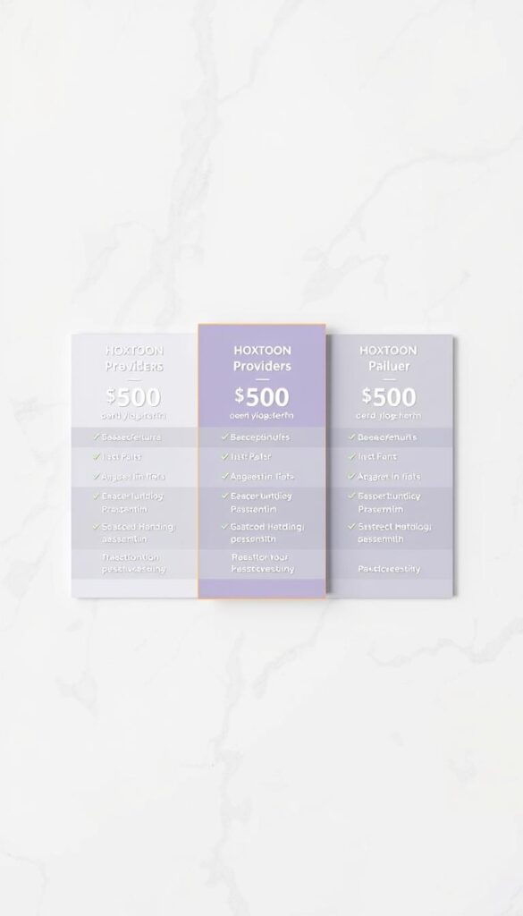 A neatly arranged table showcasing the Hoxtoon Provider lifetime subscription pricing plans, set against a clean, minimalist background with subtle textures. The table features three distinct pricing tiers, each with its own set of features and benefits, presented in a clear and visually appealing manner. The layout is balanced and professional, with a focus on simplicity and legibility, allowing the viewer to easily understand the offered plans. The lighting is soft and even, highlighting the details of the table and creating a sense of depth and dimension. The overall mood is one of sophistication and trustworthiness, reflecting the nature of the Hoxtoon Provider brand.