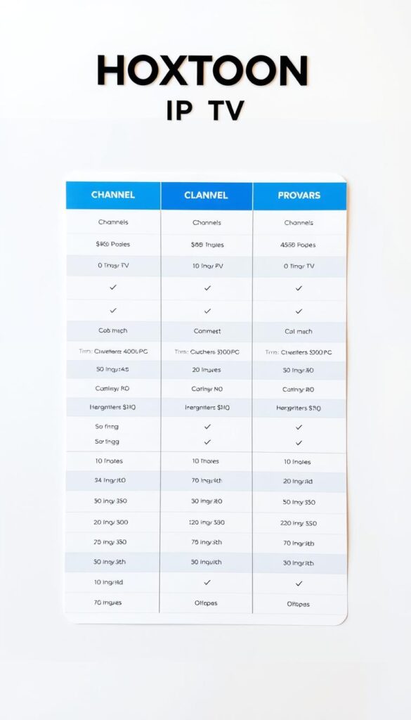 A neatly arranged table showcasing the pricing plans of the Hoxtoon IPTV provider, captured in a clean, minimalist style. The table features three distinct plan options, each with a clear breakdown of the included channels, subscription duration, and associated costs. The layout is crisp and well-organized, emphasizing the key details in a visually appealing manner. The background is a soft, neutral tone, allowing the table to be the central focus. Subtle highlights and shadows give depth and dimension to the design, creating a professional and informative presentation.