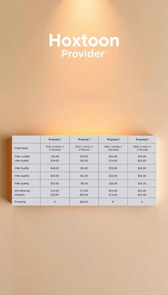 A neatly arranged table showcasing the subscription plans for the Hoxtoon IPTV provider. The table occupies the center of the frame, with a clean and minimalist design. Each plan is clearly delineated, displaying details such as the number of channels, video quality, simultaneous streams, and pricing. The background is a soft, muted gradient, allowing the table to be the focal point. Warm lighting casts a gentle glow, creating a professional and trustworthy atmosphere. The Hoxtoon Provider logo is prominently displayed at the top, reinforcing the brand identity. The overall composition is balanced and visually appealing, making it an ideal illustration for the article's pricing structure section.