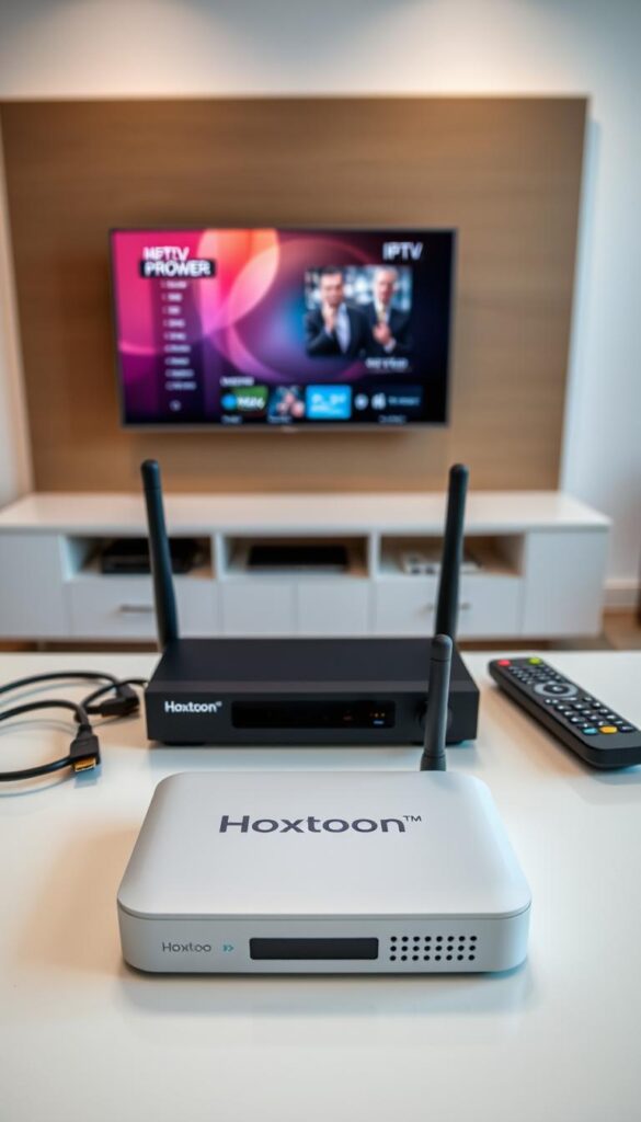 A neatly arranged tabletop featuring the essential equipment for an IPTV setup. In the foreground, a sleek Hoxtoon Provider box with its distinct branding, surrounded by a high-speed internet router, HDMI and ethernet cables, and a remote control. The middle ground showcases a modern smart TV, its screen displaying a vibrant IPTV interface. In the background, a minimalist wall-mounted media unit provides a clean, organized space for the setup. Soft, indirect lighting creates a warm, inviting atmosphere, highlighting the technological components while maintaining a sense of domestic comfort. The overall composition conveys the seamless integration of IPTV technology into a modern living space.