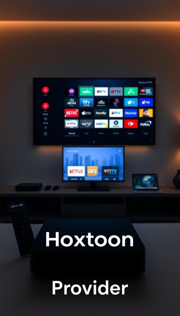 A neatly organized IPTV setup showcasing the Hoxtoon Provider interface. The scene depicts a sleek, modern media center with a large 4K TV display, a minimalist media player, and a wireless remote control. Subtle ambient lighting accentuates the clean lines and muted tones of the setup. In the foreground, the Hoxtoon Provider logo and UI are prominently featured, highlighting the intuitive navigation and comprehensive channel selection. The middle ground features various streaming devices like a streaming box and a laptop, hinting at the versatility of the Hoxtoon service. The background features a stylized cityscape, conveying a sense of connectivity and the global reach of the IPTV platform. The overall tone is one of sophisticated simplicity, showcasing the Hoxtoon Provider as a premium IPTV solution.