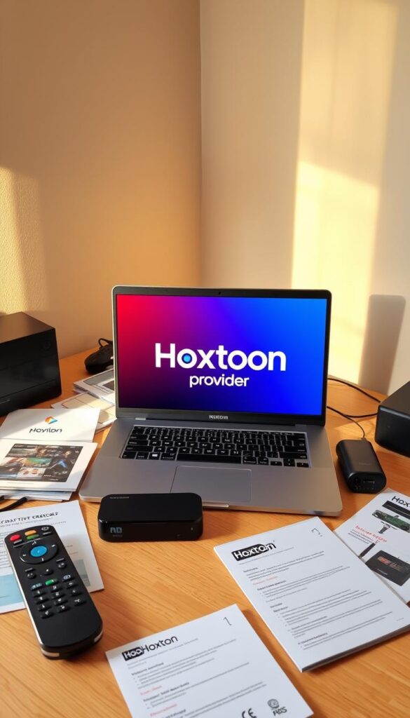 A neatly organized desktop with a laptop displaying the Hoxtoon Provider logo, surrounded by various IPTV-related items such as a remote control, streaming device, and technical documentation. The scene is bathed in warm, natural lighting, conveying a sense of reliability and professionalism. The overall mood is one of trust and credibility, reflecting the user's positive experience with the Hoxtoon IPTV service.