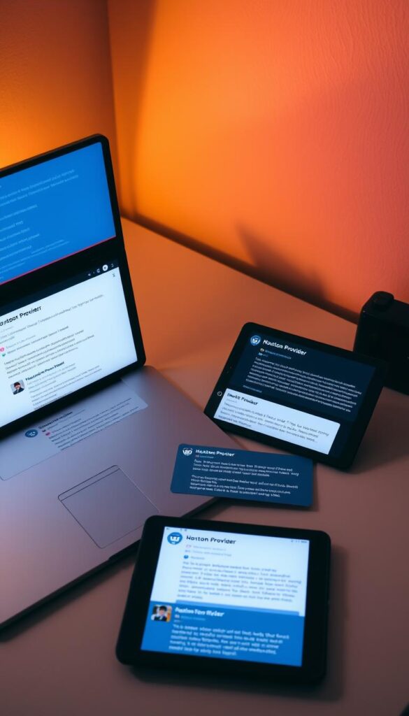 A neatly organized desktop with a laptop, smartphone, and tablet displaying reviews of the "Hoxtoon Provider" IPTV service on various Reddit threads. The scene is well-lit, with a soft, warm lighting that creates a cozy, inviting atmosphere. The devices are arranged in a visually appealing manner, showcasing the positive and negative feedback from users. The background features a subtle gradient or texture that complements the overall aesthetic. The image conveys a sense of research and informed decision-making, reflecting the comprehensive nature of the IPTV reddit reviews.