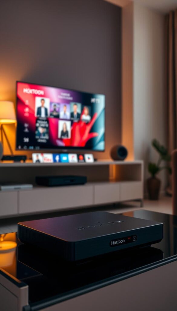 A neatly organized home entertainment setup, with a sleek, modern IPTV box labeled "Hoxtoon Provider" prominently displayed on a stylish TV stand. The room is bathed in warm, ambient lighting, creating a cozy and inviting atmosphere. In the background, a large flatscreen TV displays the vibrant colors and crisp imagery of French television channels. The setup is complemented by clean lines, minimalist decor, and a subtle, sophisticated color palette, reflecting the technical and elegant nature of the IPTV experience in France.