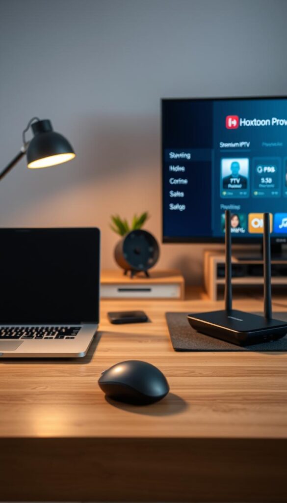 A neatly organized home office setup, featuring a laptop, wireless mouse, and sleek black router prominently displayed on a minimalist wooden desk. Subtle lighting from a desk lamp creates a warm, focused atmosphere. In the background, a large monitor displays the Hoxtoon Provider streaming service interface, showcasing a clean and intuitive user experience. The scene conveys a sense of efficiency and professionalism, perfect for illustrating the process of setting up a premium IPTV service.