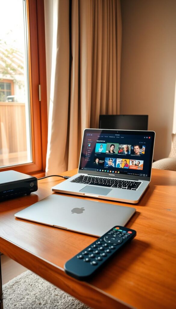 A neatly organized home workspace, featuring a laptop, remote control, and a Hoxtoon Provider IPTV setup on a wooden desk. Warm, natural lighting from a window highlights the sleek, modern design of the equipment. The room has a cozy, inviting atmosphere, reflecting the ease and convenience of the IPTV service. The laptop screen displays the Hoxtoon Provider interface, showcasing the intuitive navigation and content selection. The remote control, with its tactile buttons, suggests the seamless control over the IPTV experience. The overall scene conveys the simplicity and reliability of the Hoxtoon IPTV setup.
