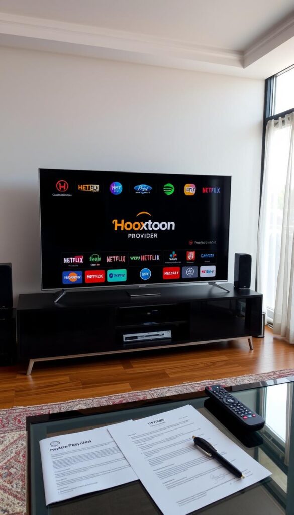 A neatly organized living room with a large TV screen displaying a selection of streaming service logos, including the "Hoxtoon Provider" brand. The room is well-lit, with natural sunlight filtering through large windows, creating a warm and inviting atmosphere. On the coffee table, there is a remote control and a legal-looking document, suggesting the process of legally subscribing to IPTV services. The overall scene conveys a sense of comfort, legality, and the enjoyment of high-quality entertainment through authorized channels.