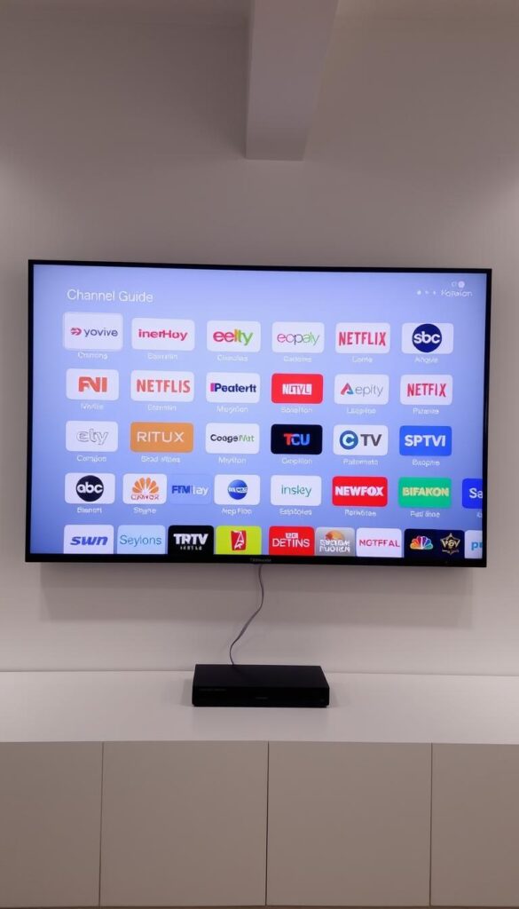 A neatly organized on-screen channel guide for the Hoxtoon Provider IPTV service, showcasing a comprehensive lineup of diverse content categories. The interface features a clean, minimalist design with crisp, high-resolution channel icons and logos. The layout is divided into distinct sections, allowing for easy navigation and channel selection. Soft, muted lighting illuminates the display, creating a visually appealing and professional atmosphere. The overall composition conveys a sense of clarity, functionality, and the breadth of programming available through the Hoxtoon Provider IPTV platform.