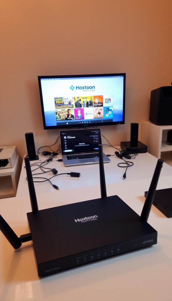 A neatly organized workspace with a Hoxtoon Provider IPTV setup. In the foreground, a sleek black modem, router, and network switch sit atop a clean, minimalist desk. The middle ground features a laptop or desktop computer displaying the Hoxtoon Provider interface, surrounded by various cables and connectors. In the background, a simple wall-mounted TV displays the IPTV service, showcasing its user-friendly interface. Warm, indirect lighting creates a calm, professional atmosphere, while the camera angle suggests a bird's-eye view, providing a comprehensive overview of the complete IPTV setup.