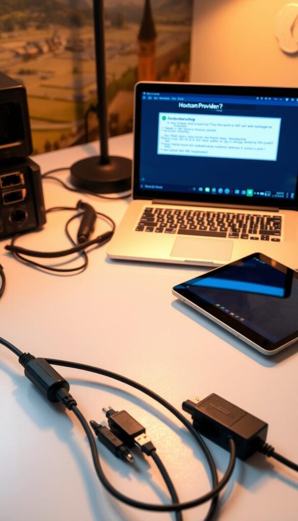 A neatly organized workspace with a laptop, tablet, and networking equipment. The laptop displays troubleshooting steps for the Hoxtoon Provider IPTV service in Switzerland, with a detailed error message on the screen. Cables and adapters are arranged on the desk, conveying a sense of technical investigation. Soft, warm lighting illuminates the scene, creating a focused and professional atmosphere. The background features a subtle Swiss landscape or architectural elements, hinting at the geographic context. The composition emphasizes the analytical and problem-solving nature of the troubleshooting process for IPTV in Switzerland.