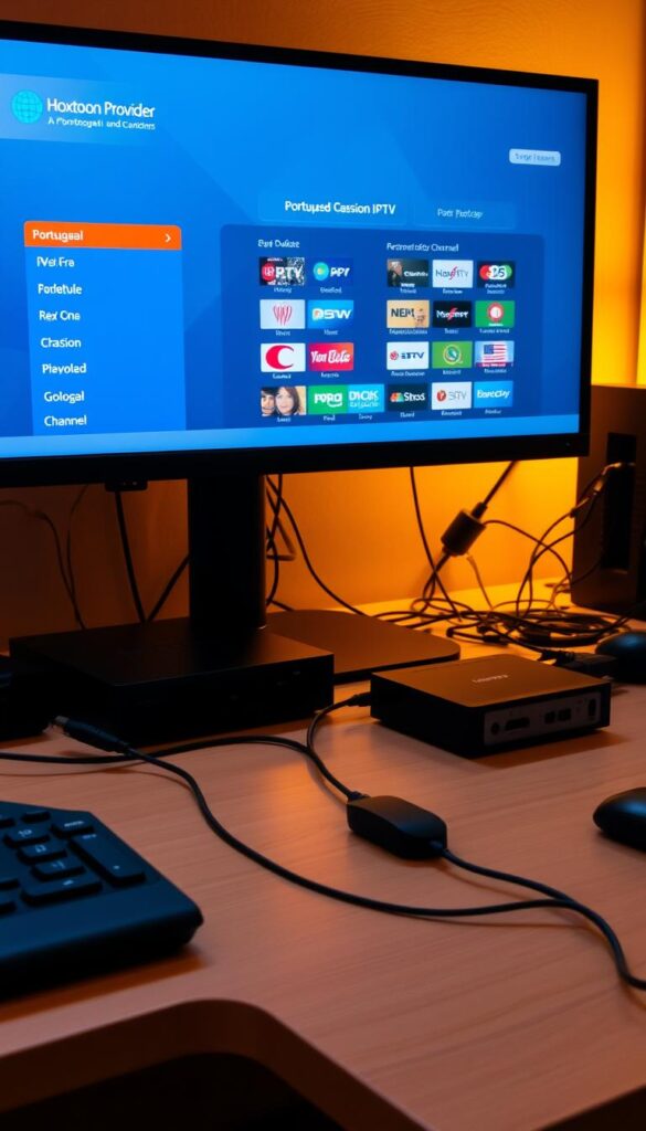 A neatly organized workstation with a desktop computer, monitor, and peripherals. On the screen, the Hoxtoon Provider IPTV service interface is displayed, showcasing Portuguese channel options. Cables and devices are carefully arranged, conveying a sense of a professional, well-thought-out IPTV setup. Warm, indirect lighting illuminates the scene, creating a welcoming and informative atmosphere. The composition emphasizes the technical aspects while maintaining a visually appealing and visually balanced layout.
