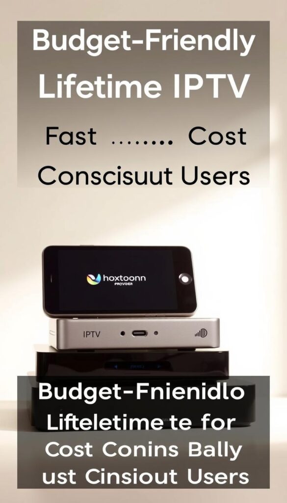 A neatly stacked pile of various digital devices, including a tablet, smartphone, and streaming box, against a minimalist background. The devices are showcasing the Hoxtoon Provider logo, indicating an affordable IPTV subscription service. The scene is illuminated by soft, diffused lighting, creating a warm and inviting atmosphere. The overall composition conveys a sense of simplicity, accessibility, and cost-effectiveness, aligning with the "Budget-Friendly Lifetime IPTV Options for Cost-Conscious Users" section of the article.