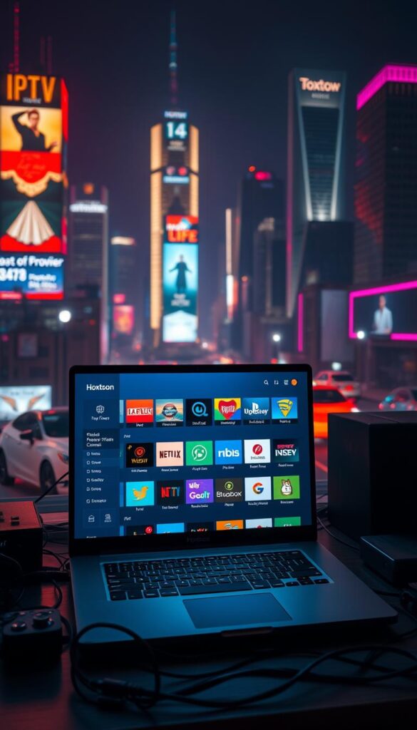 A neon-lit cityscape at night, with skyscrapers and billboards in the background. In the foreground, a laptop screen displays the Hoxtoon Provider interface, showcasing a wide selection of IPTV channels available for free streaming. The screen is surrounded by various electronic devices, cables, and a sleek, minimalist desk setup. The lighting is warm and moody, creating a sense of both technological advancement and the cozy comfort of a home workspace. The overall atmosphere conveys the idea of unlimited entertainment and the freedom to access a vast library of content without restrictions.