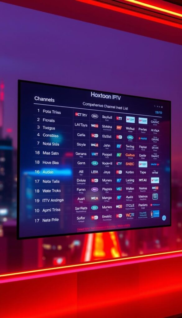 A neon-lit, minimalist digital display showcasing a comprehensive IPTV channel list from the Hoxtoon Provider. The screen is sleek and futuristic, with a clean user interface and elegant typography. The channels are organized into intuitive categories, allowing easy navigation. The background is a softly blurred cityscape, hinting at the global reach and versatility of the service. Warm lighting creates a premium, high-tech ambiance, emphasizing the unmatched content library available through Hoxtoon. The overall impression is one of sophistication, technological prowess, and a vast, diverse selection of entertainment options.