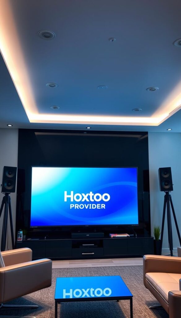 A professional, modern office setting with a large flat-screen display showcasing the Hoxtoon Provider brand logo. The display is surrounded by sleek, minimalist furniture and equipment, creating a visually appealing and technologically advanced atmosphere. Soft, directional lighting illuminates the scene, highlighting the clean lines and premium materials. The overall impression conveys a sense of legitimacy, reliability, and cutting-edge technology associated with a reputable IPTV service provider.