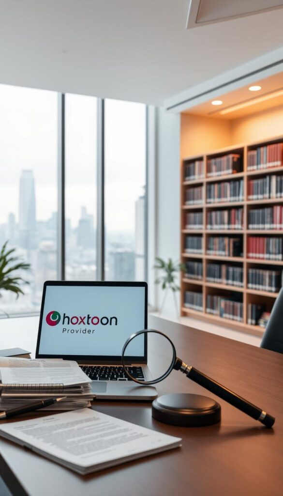 A professional, modern office setting with a minimalist, clean aesthetic. In the foreground, a desk with a laptop displaying the Hoxtoon Provider logo, surrounded by legal documents and a magnifying glass, symbolizing the careful legal considerations for IPTV services. In the middle ground, bookshelves filled with legal volumes, casting a warm, focused lighting across the scene. The background features large windows overlooking a bustling city skyline, suggesting the broader business and regulatory environment. The overall mood is one of thoughtful, diligent analysis of the legal landscape for IPTV providers.