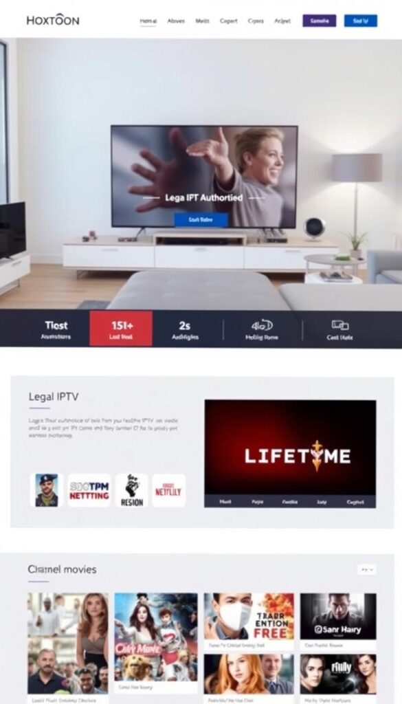 A professional, well-designed website for the Hoxtoon Provider IPTV service, showcasing a clean and modern user interface. The homepage features a hero section with a large hero image of a living room setup, highlighting the legal and authorized nature of the service. In the middle ground, there are neatly arranged icons and information panels detailing the various legal IPTV channels and content available, such as Lifetime movies. The background contains subtle patterns or textures that convey a sense of legitimacy and trustworthiness. The overall mood is one of sophistication, reliability, and compliance with copyright and licensing regulations.