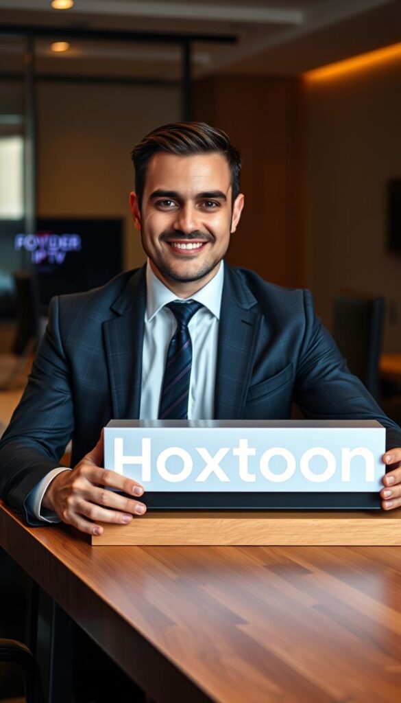 A professional, well-dressed man confidently presenting the Hoxtoon Provider IPTV service on a stylish wooden desk. Warm, focused lighting highlights his trustworthy expression and the sleek Hoxtoon branding. In the background, a modern office setting with subtle technology elements conveys a sense of reliability and expertise. The overall mood is one of authority, quality, and a customer-centric IPTV reseller business.