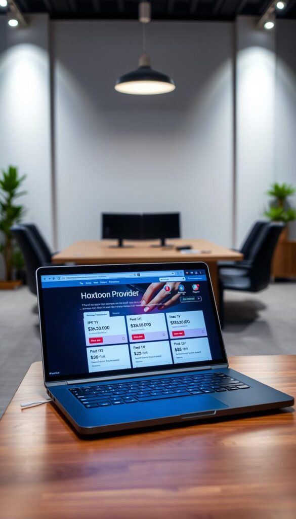 A professional, well-lit photograph of a laptop screen showcasing the website of the "Hoxtoon Provider" IPTV service. The laptop is positioned on a wooden desk, with a minimalist, modern office setup in the background. The website prominently displays various IPTV subscription plans and pricing options, conveying a sense of legality and legitimacy. The lighting is soft and diffused, creating a warm, inviting atmosphere. The overall scene suggests a trustworthy, high-quality IPTV service that is presented in a visually appealing and informative manner.