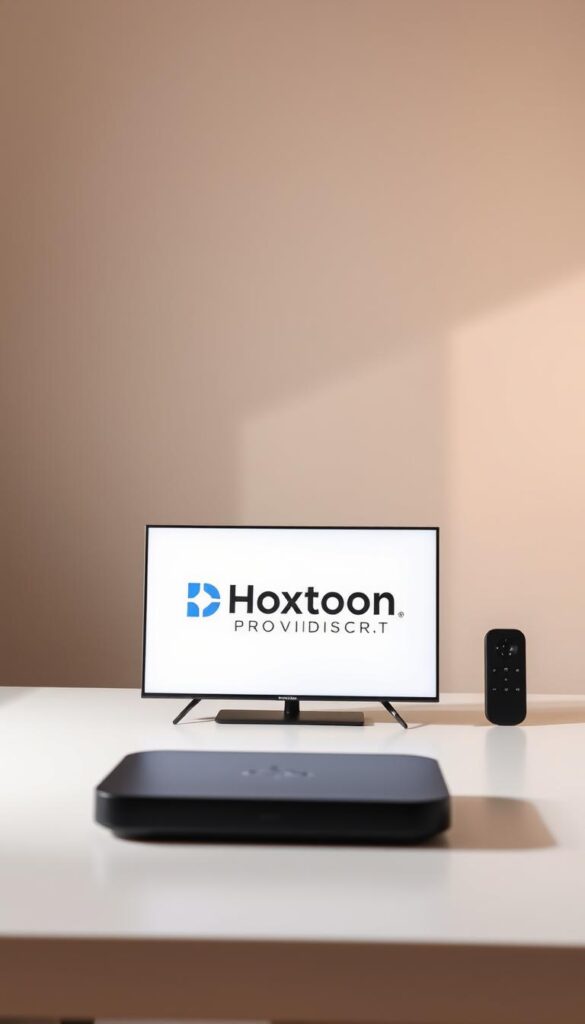 A professional, well-lit studio photograph of the Hoxtoon Provider IPTV service. The scene features a clean, minimalist table setup with the Hoxtoon Provider logo prominently displayed on a sleek, modern device. The background is a softly blurred gray gradient, placing the focus entirely on the product. The lighting is warm and natural, creating a sense of quality and trustworthiness. The camera angle is slightly elevated, giving the image an aspirational, high-end feel. The overall mood is one of sophistication, reliability, and legal compliance for IPTV services in the United States.