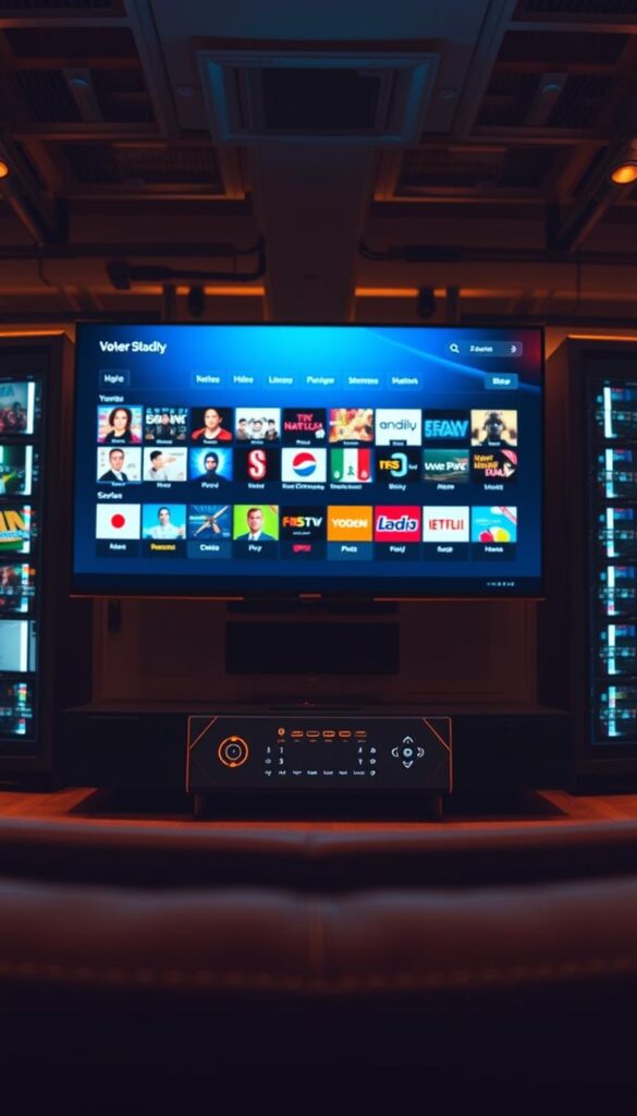 A professional, well-regulated IPTV service provider, Hoxtoon Provider, offering a sleek and intuitive user interface. In the foreground, a high-resolution display showcases a diverse selection of live TV channels and on-demand content. The middle ground features a minimalist control panel with intuitive navigation options, while the background depicts a sophisticated server infrastructure providing reliable and secure streaming. The scene is bathed in a warm, cinematic lighting, conveying a sense of professionalism and trustworthiness. The overall atmosphere exudes a modern, tech-savvy vibe that aligns with the legal and responsible nature of the IPTV service.