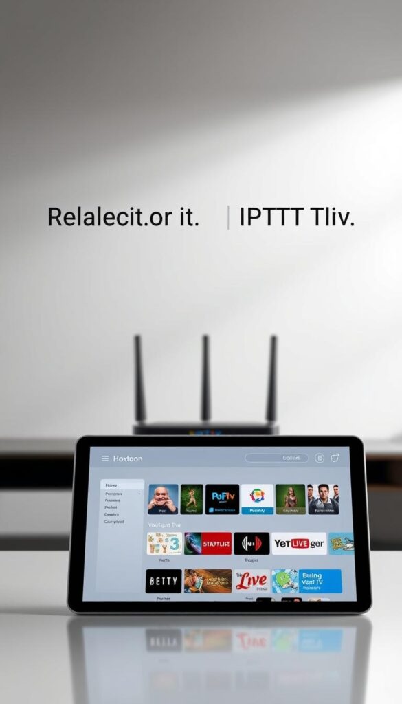 A reliable IPTV subscription service, presented by the Hoxtoon Provider, showcased against a sleek, minimalist backdrop. In the foreground, a modern digital device, such as a tablet or smartphone, displays the Hoxtoon interface, featuring a clean, user-friendly design and a curated selection of premium live TV channels and on-demand content. The middle ground depicts a network router or modem, symbolizing the seamless connectivity and reliable internet infrastructure that underpins the IPTV service. The background is a softly blurred, neutral-toned environment, emphasizing the simplicity and dependability of the Hoxtoon IPTV solution. Lighting is subtle and natural, creating a sense of sophistication and trust. The overall mood conveys a premium, trustworthy, and hassle-free IPTV experience.