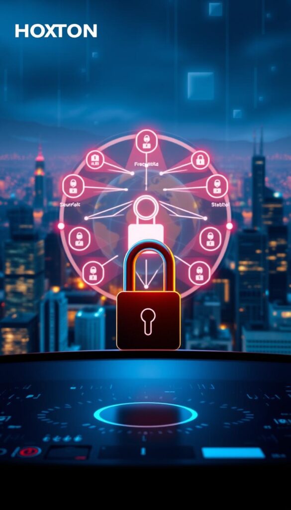 A secure IPTV service by Hoxtoon Provider, showcasing robust security measures. In the foreground, a lock icon symbolizes encrypted data transmission. In the middle ground, a network diagram depicts secure server infrastructure with firewalls and intrusion detection. The background features a cityscape, representing the global reach of the IPTV service, all bathed in a cool, futuristic lighting that conveys the advanced technology powering the platform. The overall mood is one of reliability, safety, and technological sophistication.